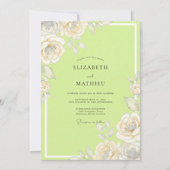 Convite Casamento em Aquarela Rosa Chartreuse (Frente)