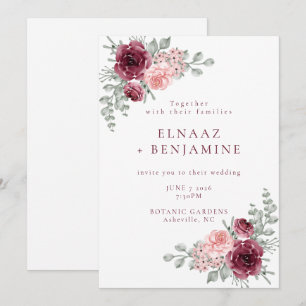 Convite Casamento em Aquarela Rosa e Burgundy Elegante
