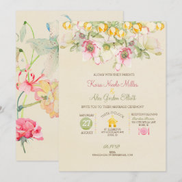 Convite Casamento em Aquarela Tudo em Um Rosa Verde Amarel