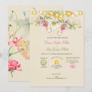 Convite Casamento em Aquarela Tudo em Um Rosa Verde Amarel