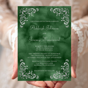 Convite Casamento em Aquarela Verde Esmeralda Prata Vintag