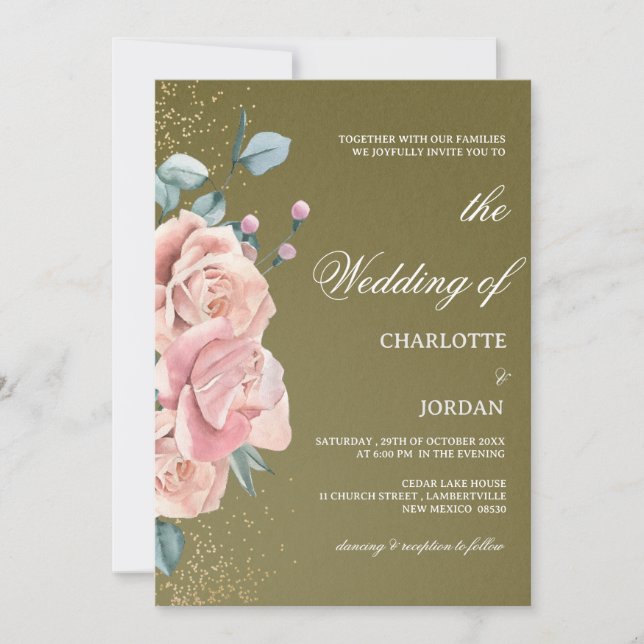 Convite Casamento em Aquarela Verde Oliva e Rosa Bege (Frente)