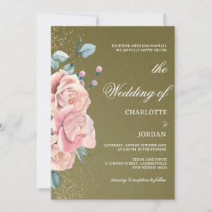 Convite Casamento em Aquarela Verde Oliva e Rosa Bege