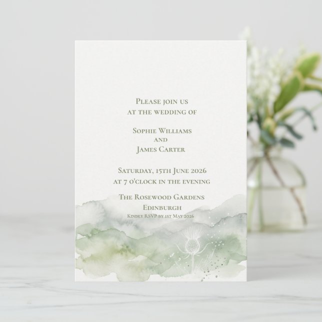 Convite Casamento em Aquarela Verde Sage com Cardo Escocês (Em pé/Frente)