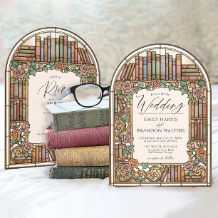 Convite Casamento em Arco de Vidro Colorido com Livros de