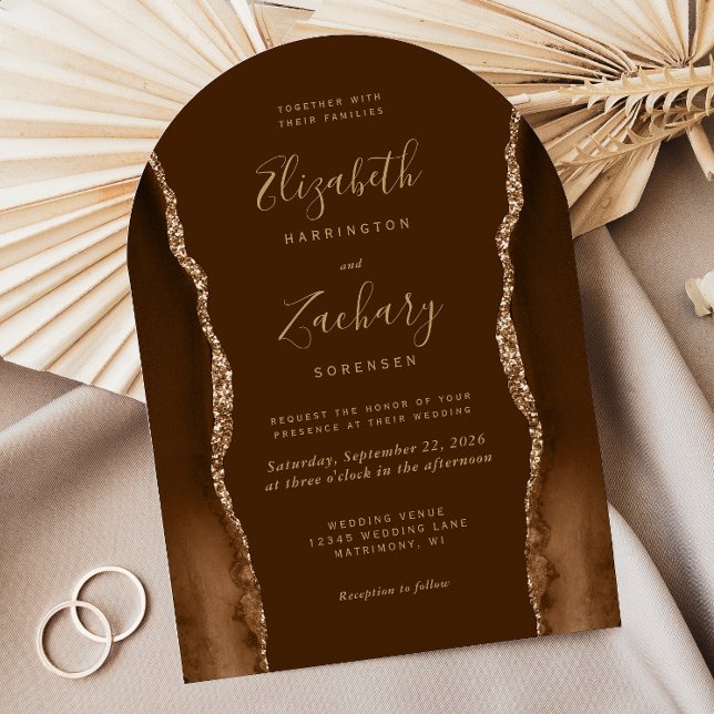 Convite Casamento em Arco Dourado de Ágata Marrom Moderno  (Criador carregado)