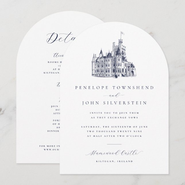 Convite Casamento em Arco Duplo Castelo Vintage (Frente/Verso)