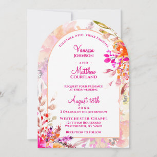 Convite Casamento em Arco Floral Elegante Laranja Rosa
