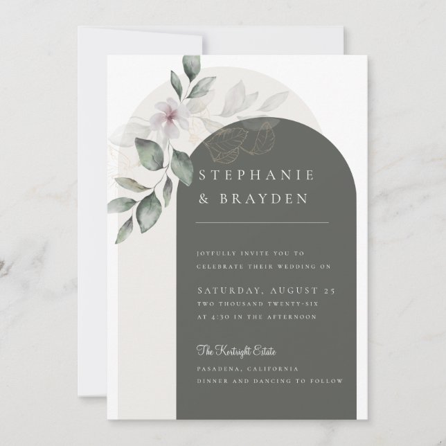Convite Casamento em Arco Floral Verde com Letra Elegante (Frente)