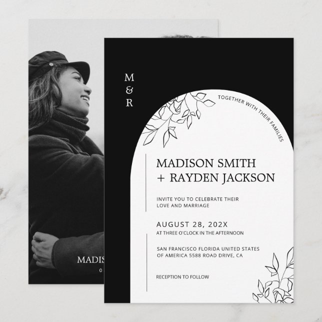 Convite Casamento em Arco Simples, Negro e Branco (Frente/Verso)