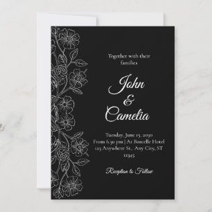 Convite Casamento em Arte Linear Floral Preto e Branco 