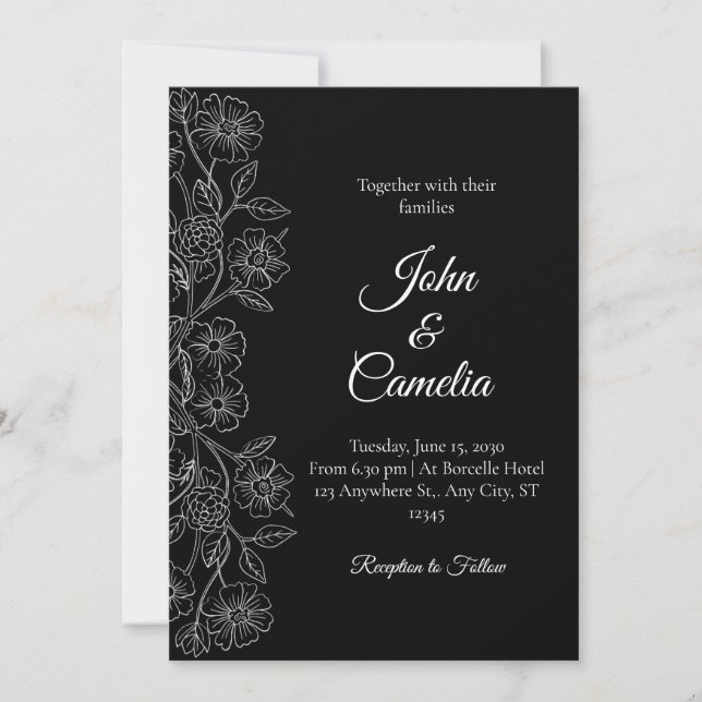 Convite Casamento em Arte Linear Floral Preto e Branco  (Frente)