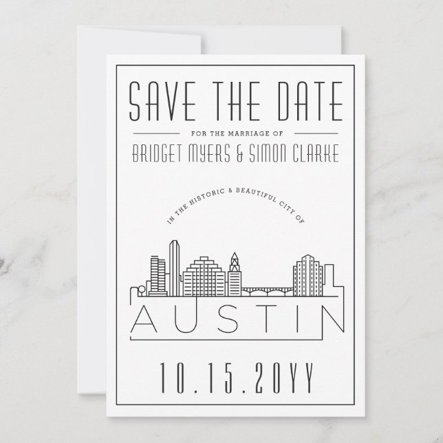 Convite Casamento em Austin | Silhueta Estilizada da Cidad (Frente)