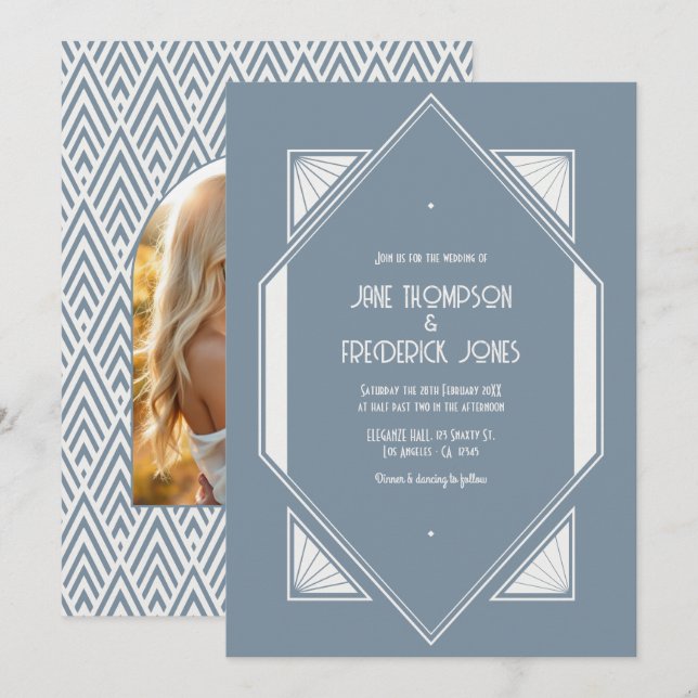 Convite Casamento em Azul Ardósia e Branco Pérola com Foto (Frente/Verso)
