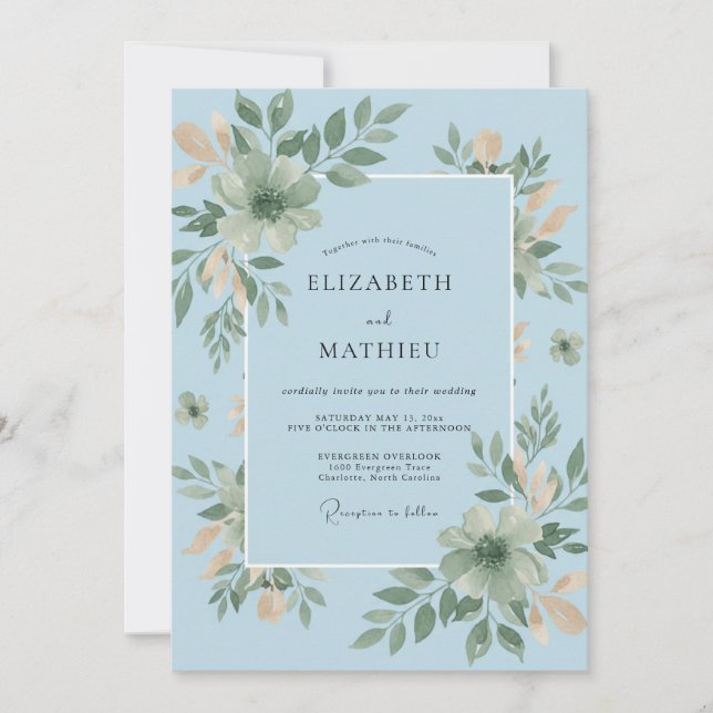 Convite Casamento em Azul Celeste com Folhagem de Eucalipt (Frente)