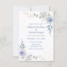 Casamento em Azul Desbotado Aquarela Floral e Dour