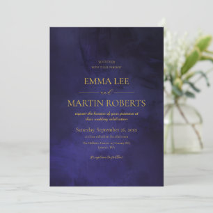 Convite Casamento em Azul e Dourado Elegante Faux Velvet