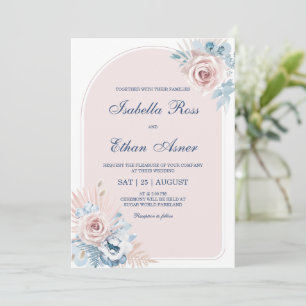 Convite Casamento em Azul Empoeirado e Rosa Bege