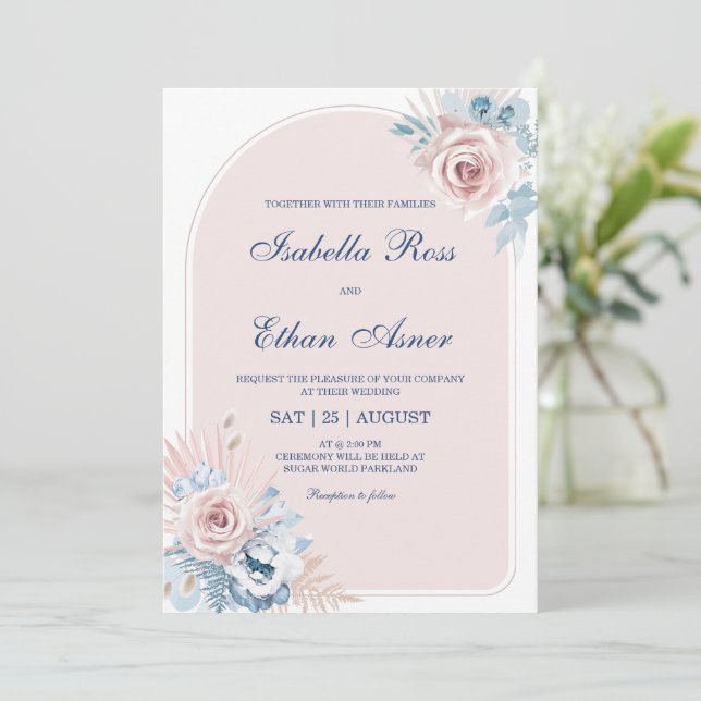 Convite Casamento em Azul Empoeirado e Rosa Bege (Em pé/Frente)