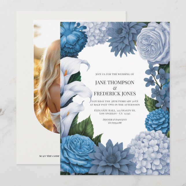 Convite Casamento em Azul Francês, Storm Slate e Petal Fog (Frente/Verso)