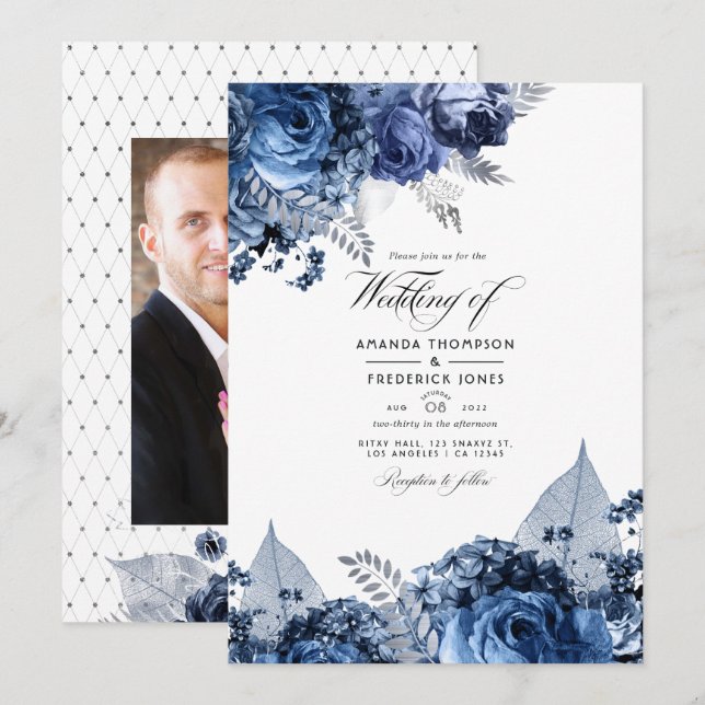Convite Casamento em Azul Marinho e Branco com Folha de Pr (Frente/Verso)