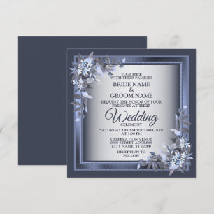 Convite Casamento em Azul Naval Floral Elegante em Moldura