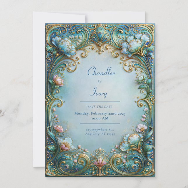 Convite Casamento em Azul Pó com Filigrana Dourada (Frente)