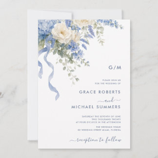 Convite Casamento em azul poeirento com aquarela floral