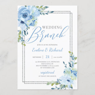 Convite Casamento em azul poeirento floral moldura pratead