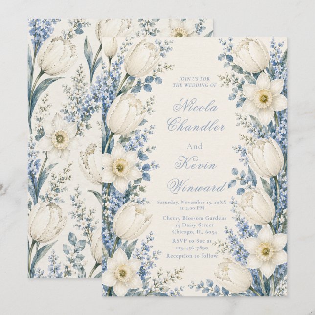 Convite Casamento em Azul Poento e Branco (Frente/Verso)