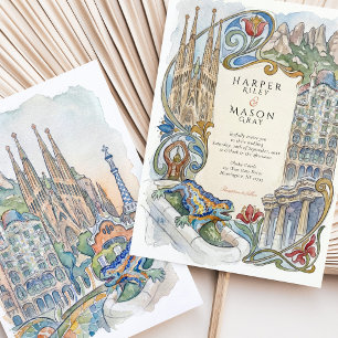 Convite Casamento em Barcelona com Aquarela de Pontos Turí