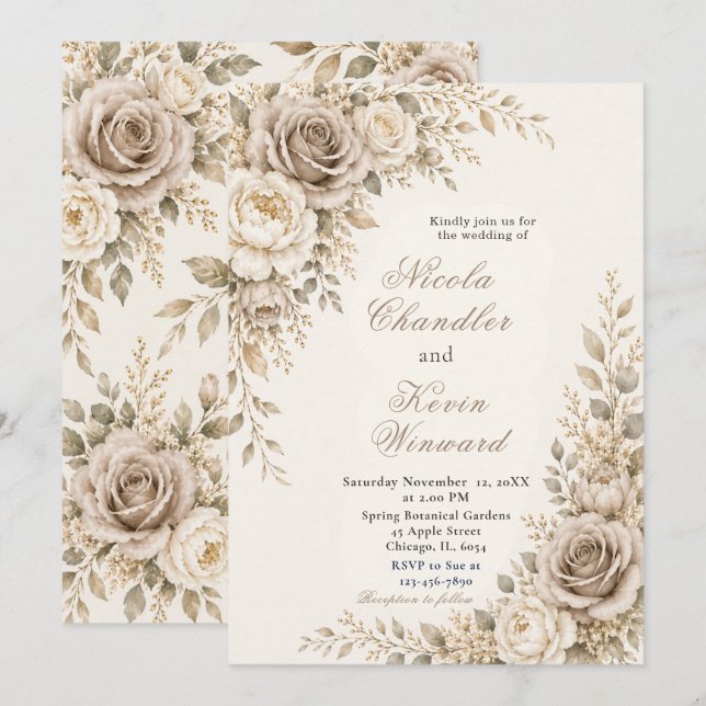 Convite Casamento em Bege e Marfim (Frente/Verso)