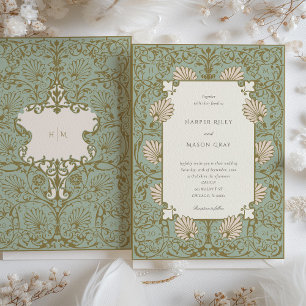 Convite Casamento em Bege Sage no Estilo Barroco Ornamenta