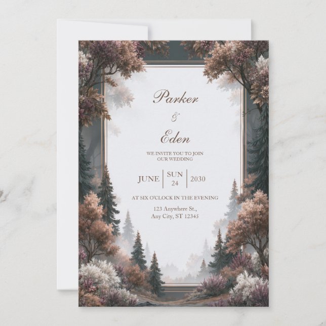 Convite Casamento em Bosque de Pinheiros Nebulosos (Frente)