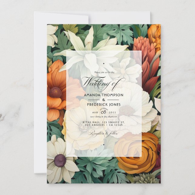 Convite Casamento em Branco-Desbotado, Verde Caçador, Marr (Frente)