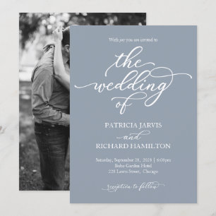 Convite Casamento em Caligrafia Elegante Azul Poeirento