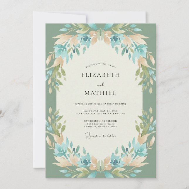 Convite Casamento em Celadon Aqua Sprig Eucalipto (Frente)