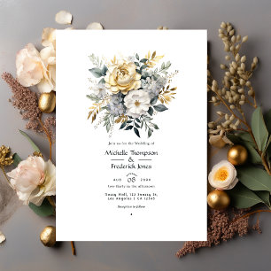 Convite Casamento em Cinza Claro, Verde e Dourado de Folha