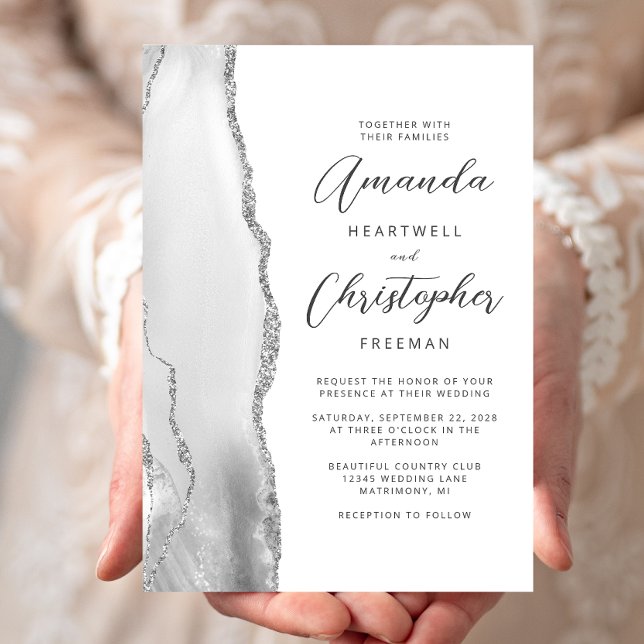 Convite Casamento em Cinza Prata Agate Script (Criador carregado)