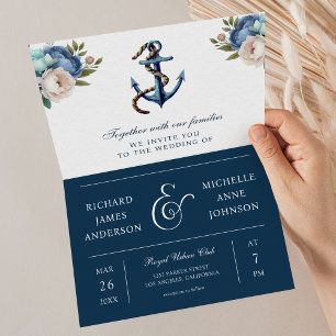 Convite Casamento em Código QR Floral Âncora Azul Marinho