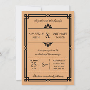 Convite Casamento em Deco da Arte Moderna Dourada Vintage