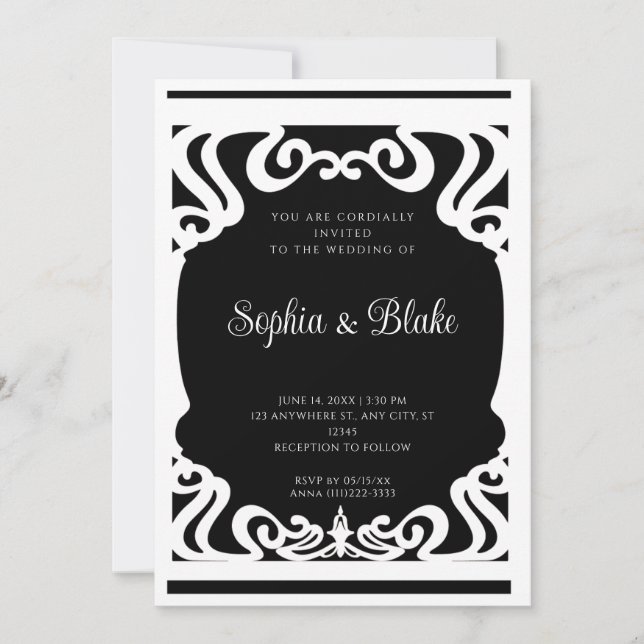 Convite Casamento em Deco de Arte Elaborado Branco e Preto (Frente)