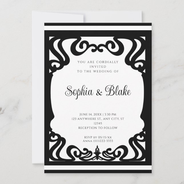 Convite Casamento em Deco de Arte Elaborado Branco e Preto (Frente)