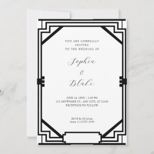 Convite Casamento em Deco de Arte Simples Preta e Branca