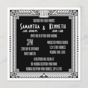 Convite Casamento em Deco de Excelentes de Gatsby Branco e