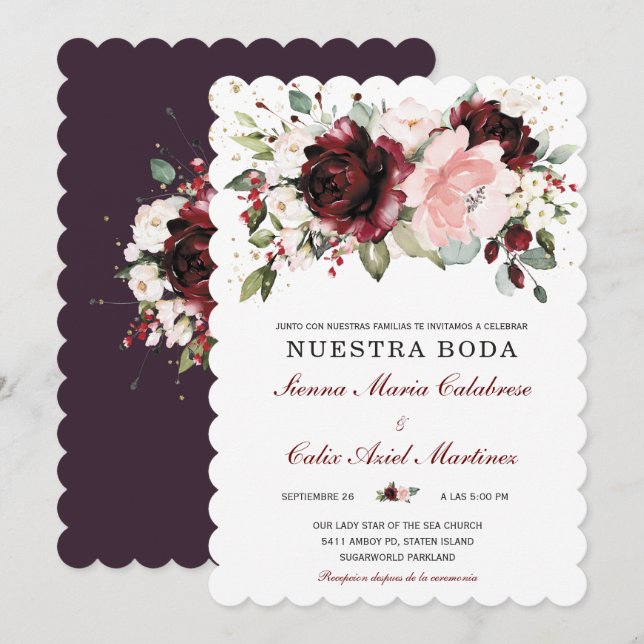 Convite Casamento em dourado bordô e rosa rubor (Frente/Verso)