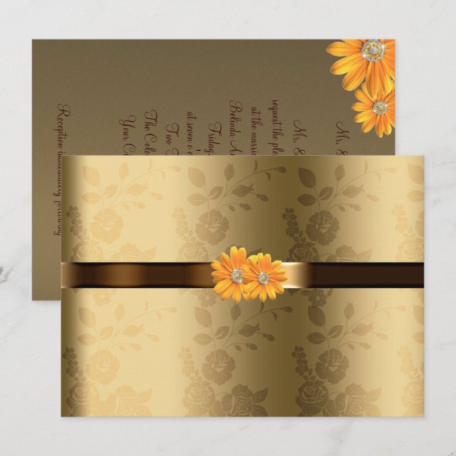 Convite Casamento em Dourado e Marrom Chocolate, Flores Am (Frente/Verso)