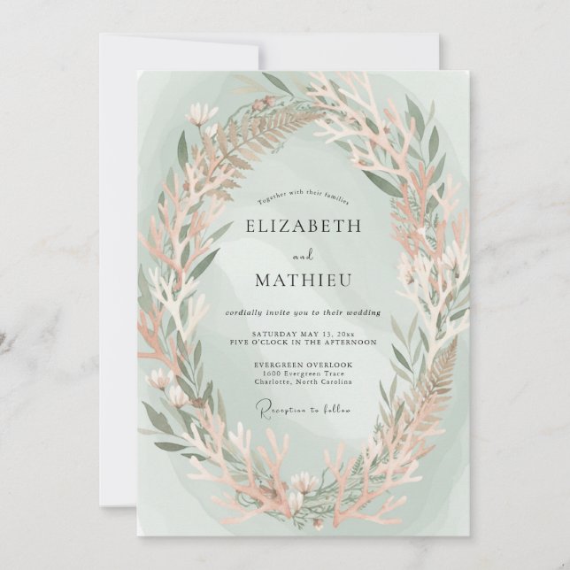 Convite Casamento em Espuma do Mar Dourado Galho Eucalipto (Frente)
