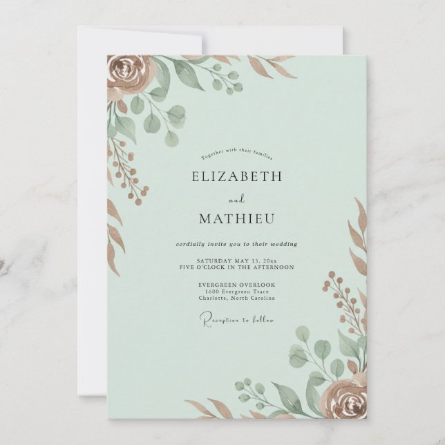 Convite Casamento em Eucalipto Folhagem de Cobre Celadon (Frente)