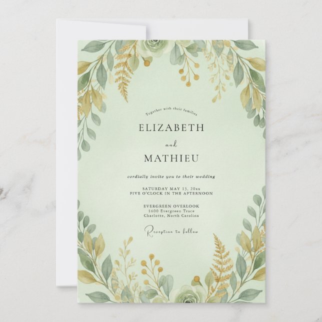 Convite Casamento em Eucalipto Folhagem Ocre Celadon (Frente)